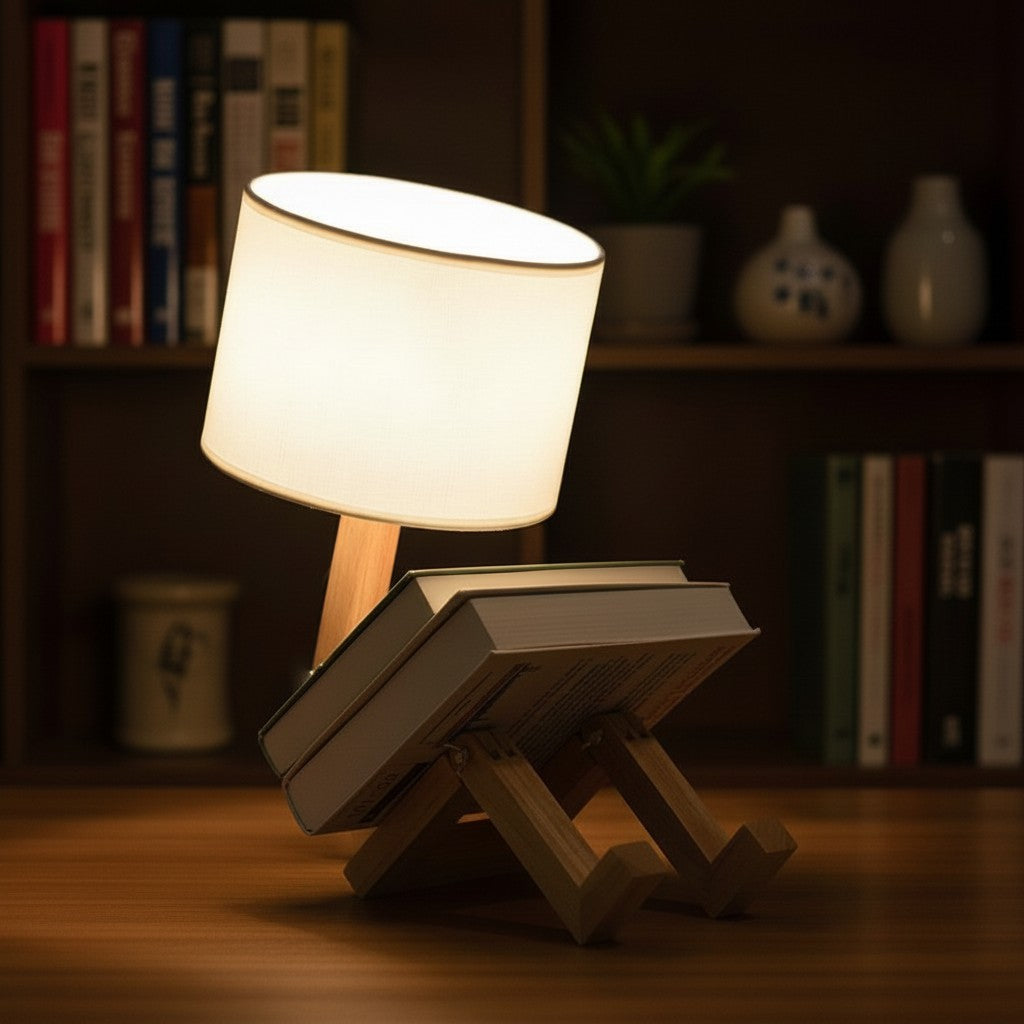 Maison Lumora white fabric lampshade with wooden stand holding books, ideal for reading.